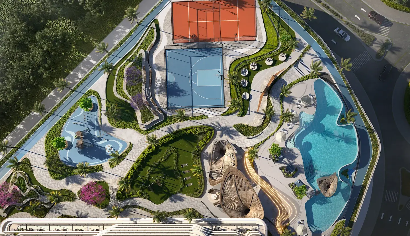 Velos Residences amenities overview showing luxury facilities including pool, fitness center, and recreational areas