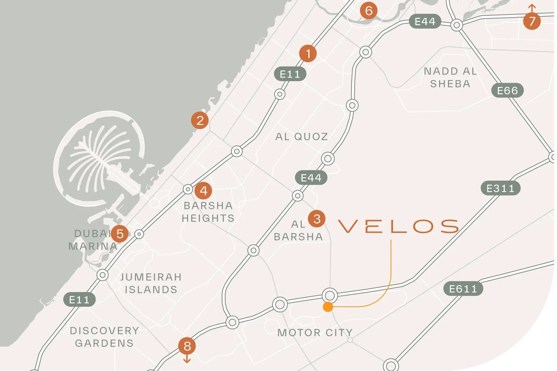 Velos Residences location map showing Motor City Dubai with nearby landmarks and transportation links